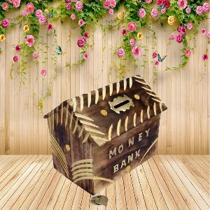 Aagam Crafts Hut Shape Wooden Money Box With Lock Piggy Bank